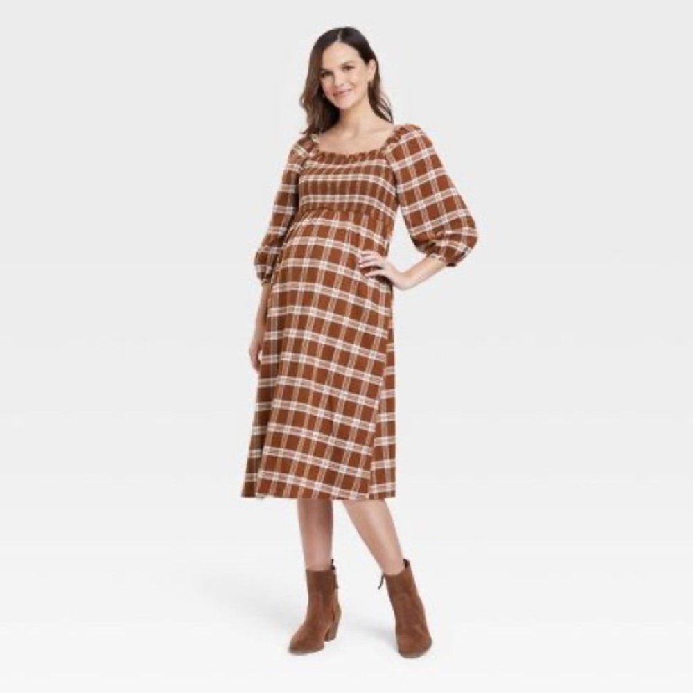 3/4 Sleeve Smocked Flannel Maternity Dress - Isabel Maternity by Ingrid & Isabel